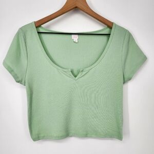 Light Green Womens Ribbed Crop Top Size L‎ Y2K Scoop Baby Tee Soft Girl Pastel